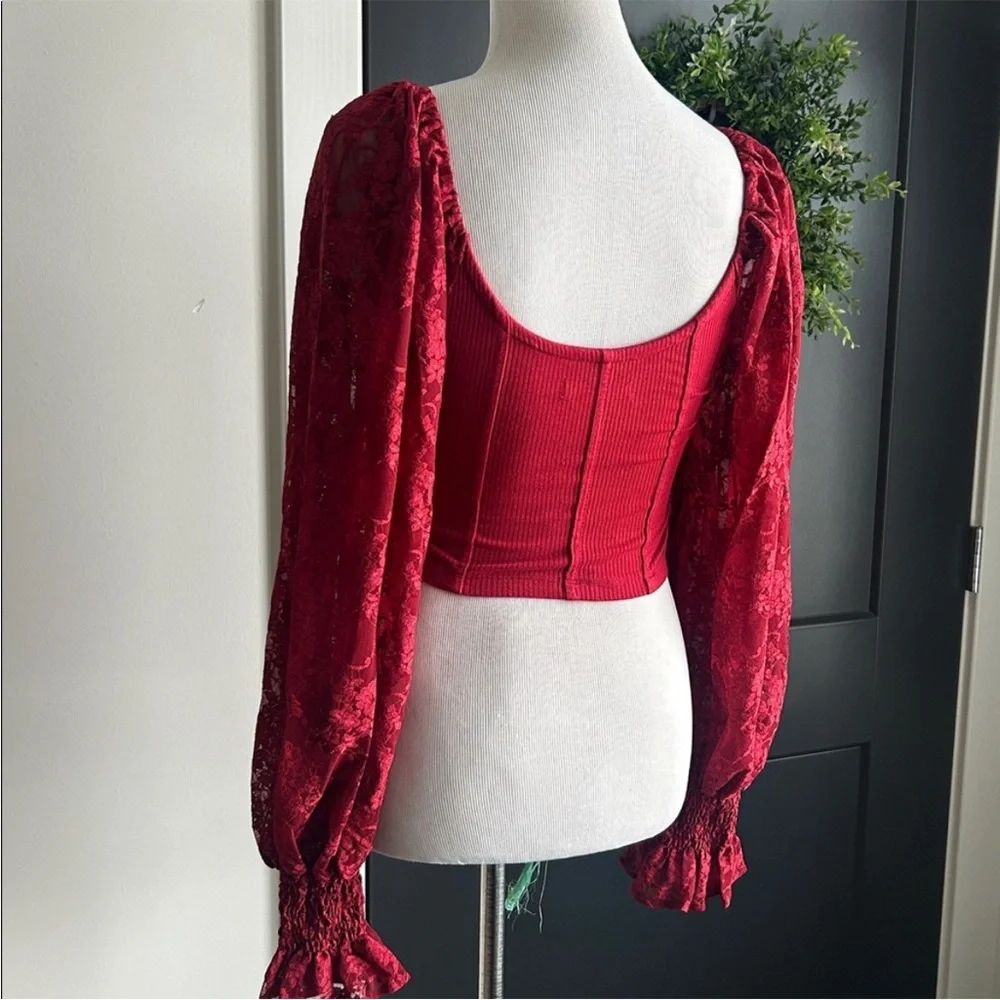 Urban Outfitters M Red Lace Detail stretchy crop Top with long sleeves - Picture 6 of 8